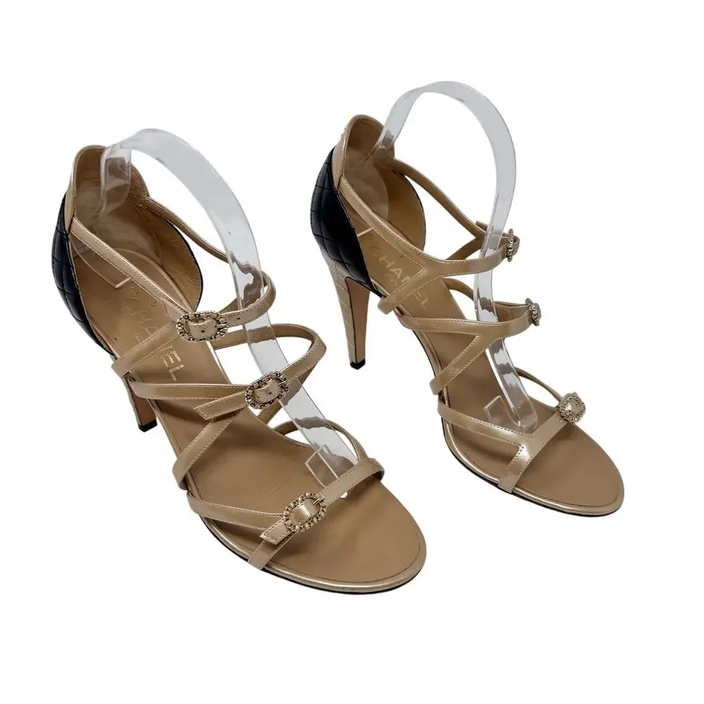 Chanel Quilted Strappy Sandal Heels Nude Black Leather CC Ankle Size 41